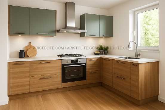L Shaped Kitchen Design by Aristolite with modern finishes