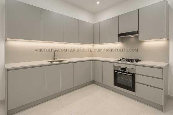 L Shaped Kitchen Design by Aristolite with modern finishes