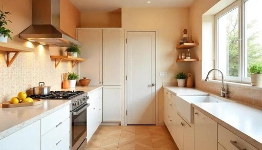 Contemporary parallel kitchen design with glossy cabinets and modern finish