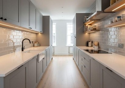 Contemporary parallel kitchen design with glossy cabinets and modern finish