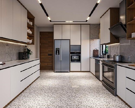 Parallel kitchen designs with modern modular cabinets and lighting