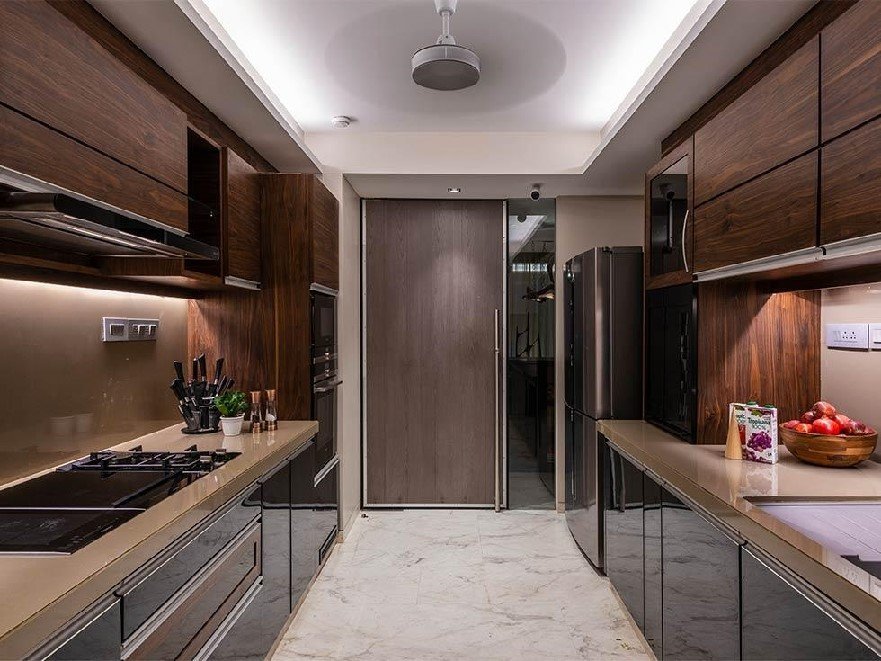 Parallel kitchen designs with modern modular cabinets and lighting