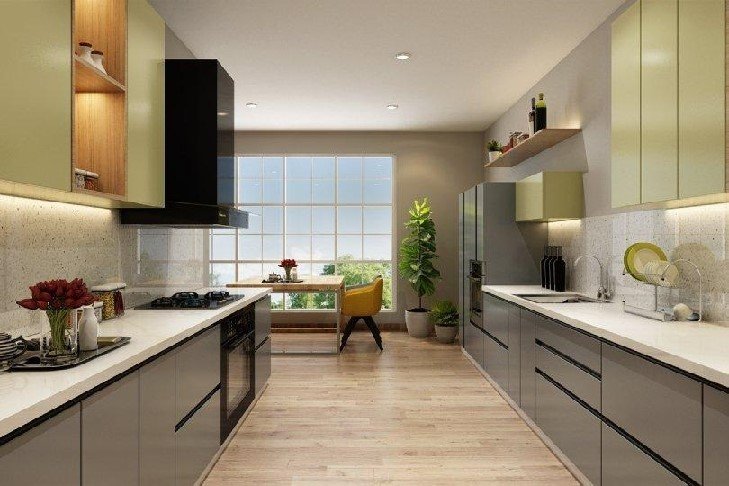 Parallel kitchen designs with modern modular cabinets and lighting