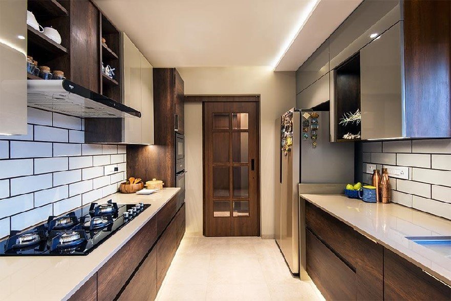 Parallel kitchen designs with modern modular cabinets and lighting